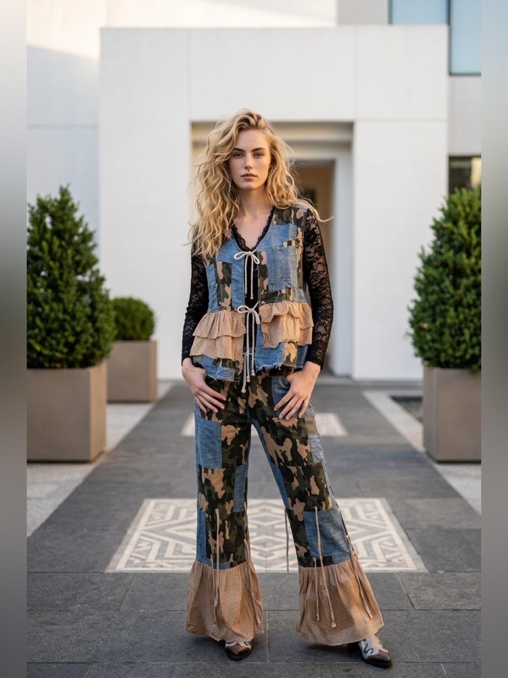 NWT A RARE BIRD 3 Piece Set Lace Top,Vest & Pant Patchwork Camo Ruffle